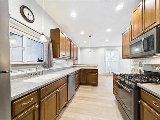 Interior, Kitchen, Pendant Lights, Recessed Lighting, Stainless Steel Appliances, Wood Texture Flooring