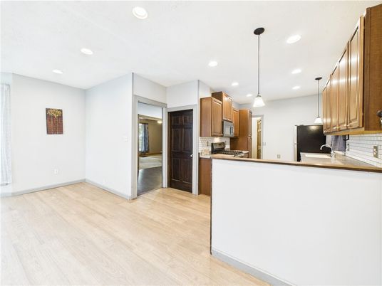 Empty room, Interior, Kitchen, Pendant Lights, Recessed Lighting, Wood Texture Flooring