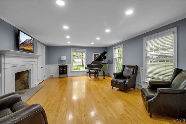 Fireplace, Interior, Piano, Recessed Lighting, Wood Texture Flooring