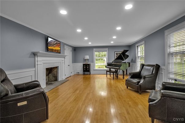 Fireplace, Interior, Piano, Recessed Lighting, Wood Texture Flooring