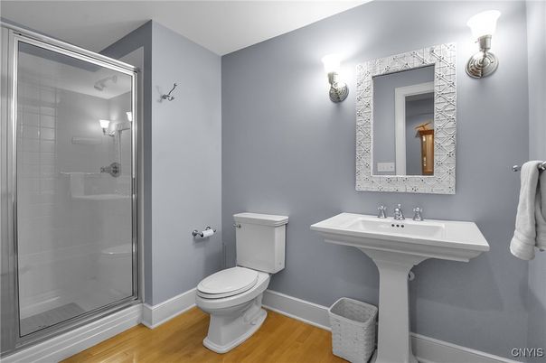 Bathroom, Glass Shower, Interior, Wood Texture Flooring