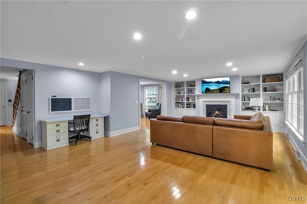 Fireplace, Interior, Living room, Recessed Lighting, Wood Texture Flooring