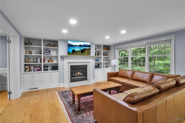 Fireplace, Interior, Living room, Recessed Lighting, Wood Texture Flooring