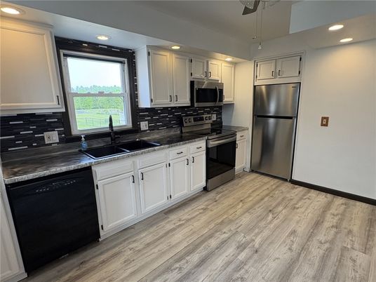 Interior, Kitchen, Recessed Lighting, Stainless Steel Appliances, Wood Texture Flooring
