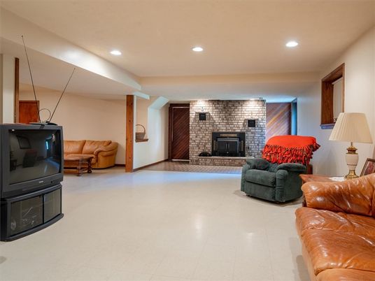 Fireplace, Interior, Living room, Recessed Lighting, Stone Walls
