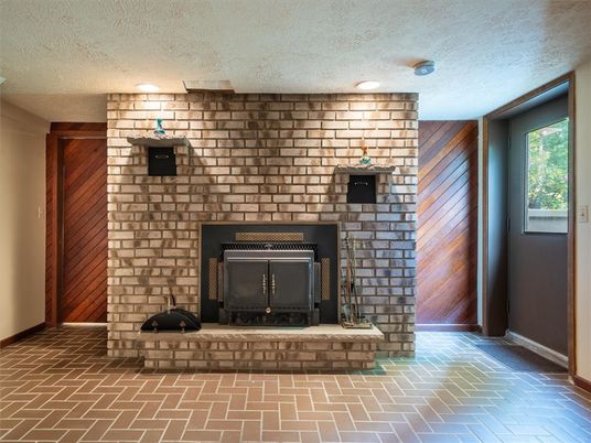 Fireplace, Interior, Recessed Lighting, Stone Walls