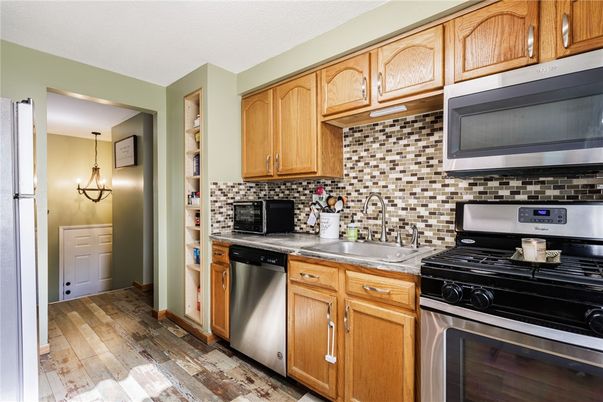 Interior, Kitchen, Pendant Lights, Stainless Steel Appliances, Wood Texture Flooring