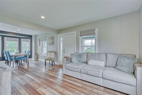 Dining room, Interior, Living room, Recessed Lighting, Wood Texture Flooring