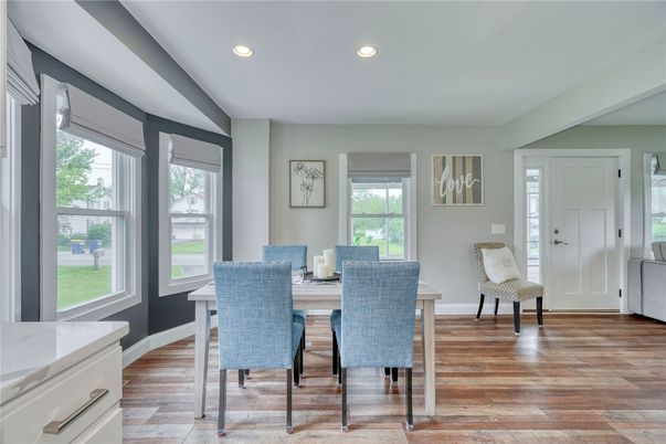Dining room, Interior, Recessed Lighting, Wood Texture Flooring