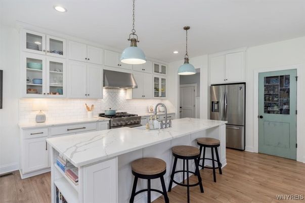 Interior, Kitchen, Pendant Lights, Recessed Lighting, Stainless Steel Appliances, Wood Texture Flooring