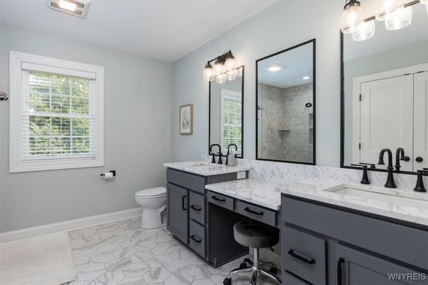 Bathroom, Dual Sink Vanities, Interior, Marble, Recessed Lighting