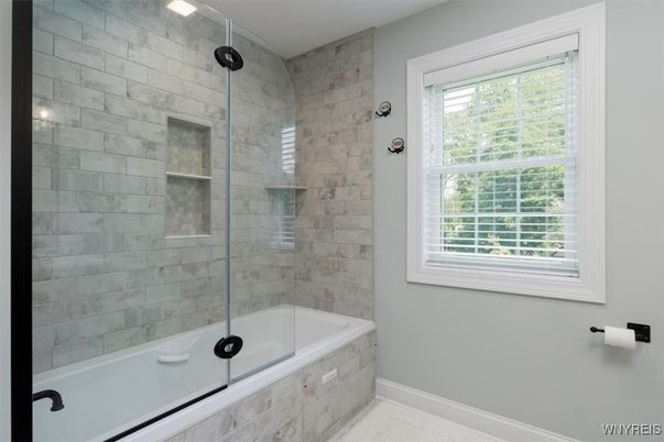 Bathroom, Glass Shower, Interior, Recessed Lighting, Stone Walls