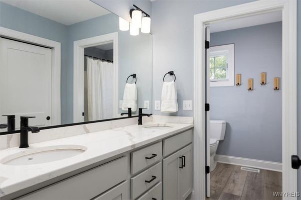 Bathroom, Dual Sink Vanities, Interior, Wood Texture Flooring