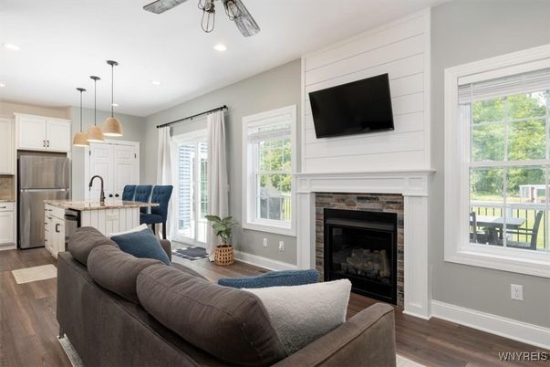 Fireplace, Interior, Kitchen, Living room, Pendant Lights, Recessed Lighting, Wood Texture Flooring