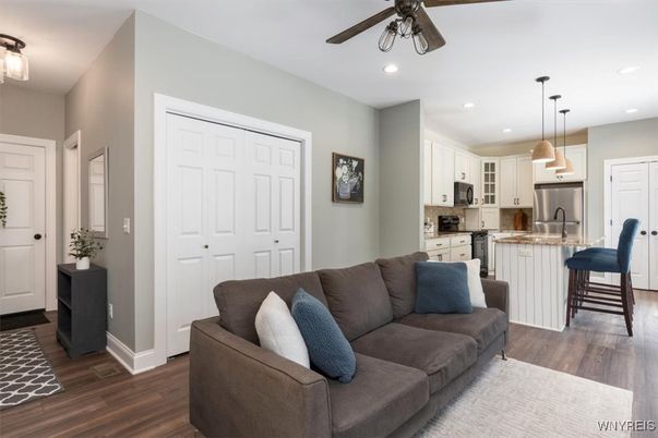 Interior, Kitchen, Living room, Pendant Lights, Recessed Lighting, Wood Texture Flooring