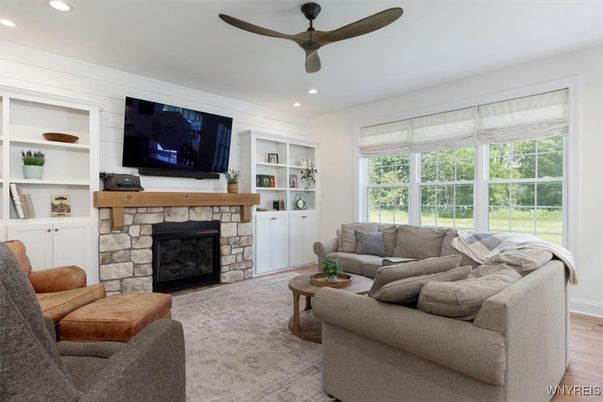Fireplace, Interior, Living room, Recessed Lighting, Wood Texture Flooring