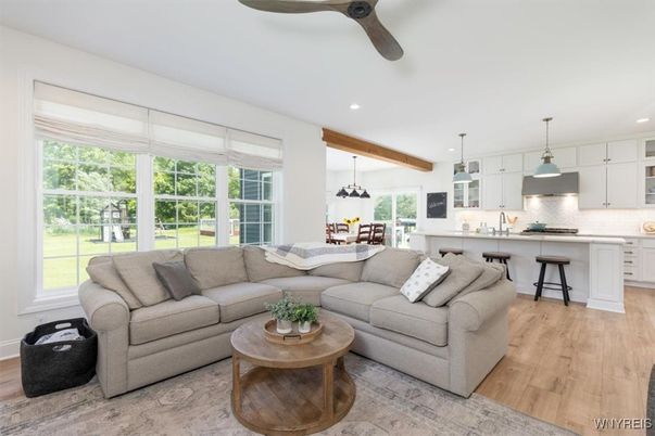 Dining room, Interior, Kitchen, Living room, Pendant Lights, Recessed Lighting, Wooden Beams, Wood Texture Flooring