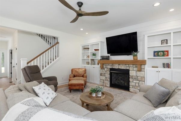 Fireplace, Interior, Living room, Recessed Lighting, Wood Texture Flooring