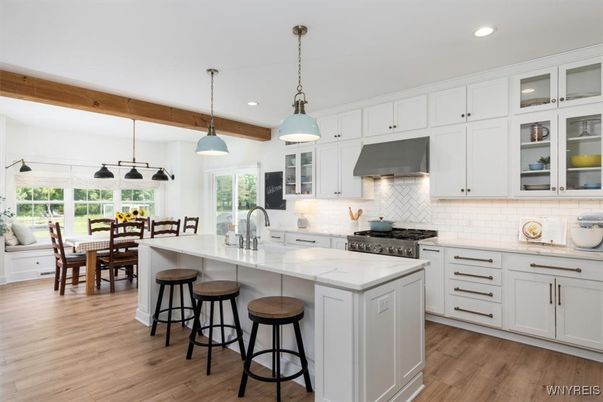 Dining room, Interior, Kitchen, Pendant Lights, Recessed Lighting, Stainless Steel Appliances, Wooden Beams, Wood Texture Flooring