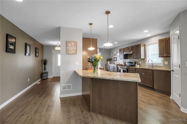 Interior, Kitchen, Pendant Lights, Recessed Lighting, Stainless Steel Appliances, Wood Texture Flooring