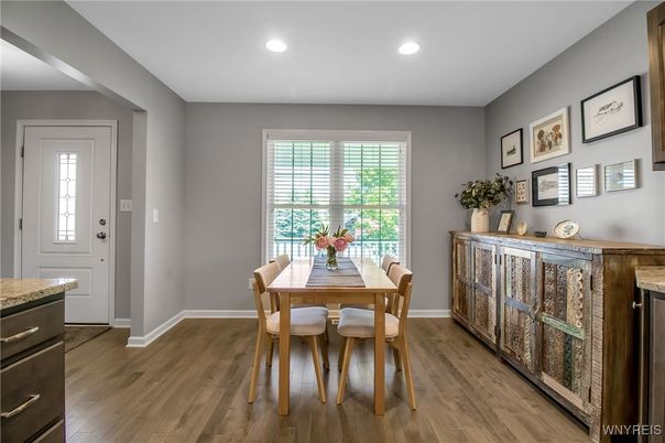 Dining room, Interior, Recessed Lighting, Wood Texture Flooring