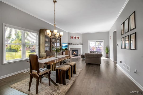 Chandelier, Dining room, Fireplace, Interior, Living room, Wood Texture Flooring