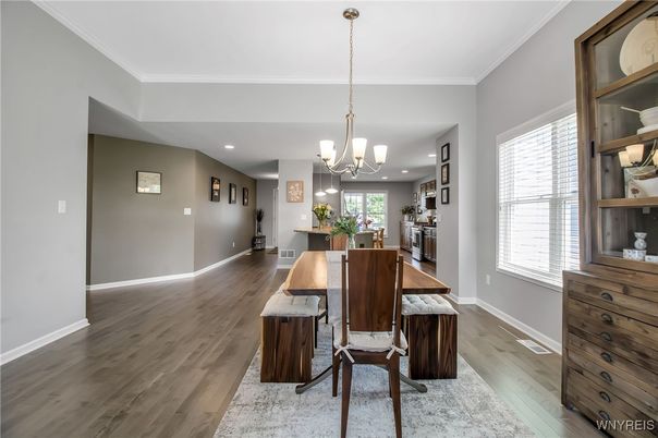 Chandelier, Dining room, Interior, Kitchen, Pendant Lights, Recessed Lighting, Wood Texture Flooring