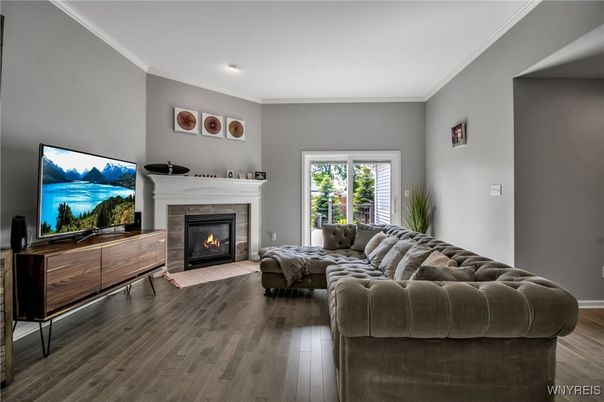 Fireplace, Interior, Living room, Recessed Lighting, Wood Texture Flooring