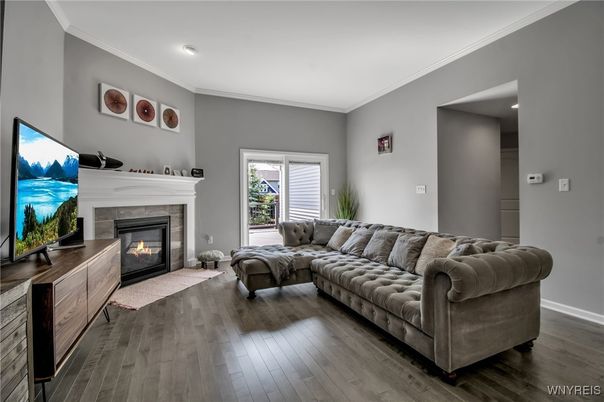 Fireplace, Interior, Living room, Recessed Lighting, Wood Texture Flooring