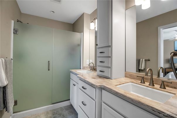 Bathroom, Dual Sink Vanities, Glass Shower, Interior, Recessed Lighting
