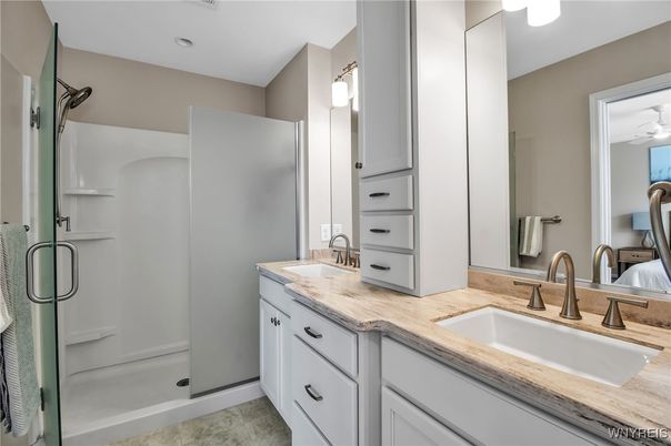 Bathroom, Dual Sink Vanities, Glass Shower, Interior, Recessed Lighting