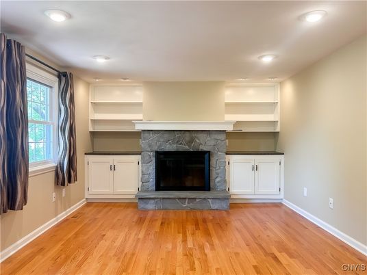 Empty room, Fireplace, Interior, Recessed Lighting, Wood Texture Flooring