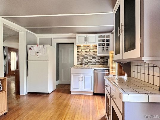 Interior, Kitchen, Tile Countertops, Wood Texture Flooring