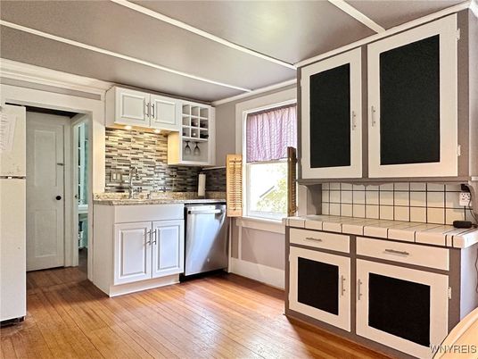 Interior, Kitchen, Tile Countertops, Wood Texture Flooring