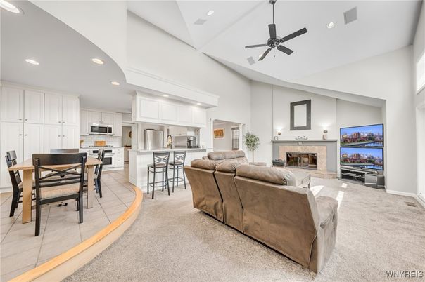 Dining room, Fireplace, Interior, Kitchen, Living room, Recessed Lighting, Stainless Steel Appliances