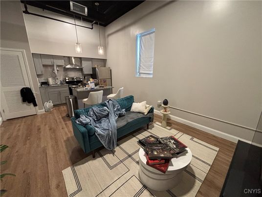 Interior, Kitchen, Living room, Pendant Lights, Stainless Steel Appliances, Wood Texture Flooring