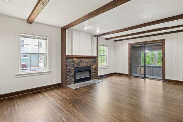Empty room, Fireplace, Interior, Recessed Lighting, Wooden Beams, Wood Texture Flooring