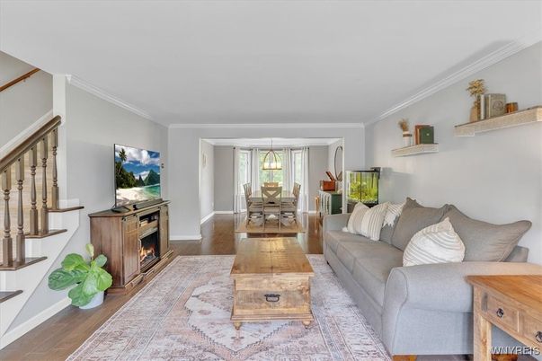 Dining room, Fireplace, Interior, Living room, Pendant Lights, Wood Texture Flooring