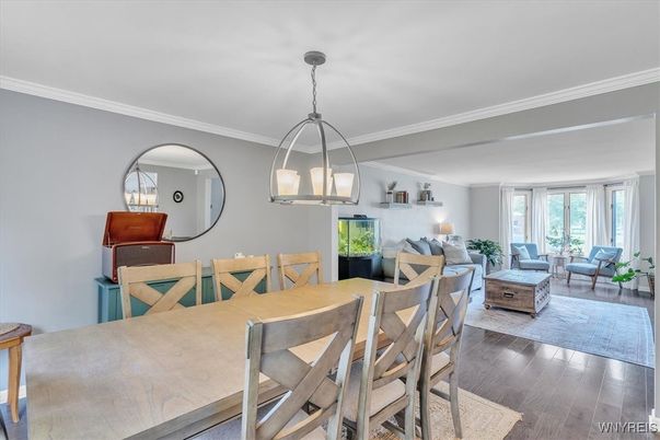 Dining room, Interior, Living room, Pendant Lights, Wood Texture Flooring