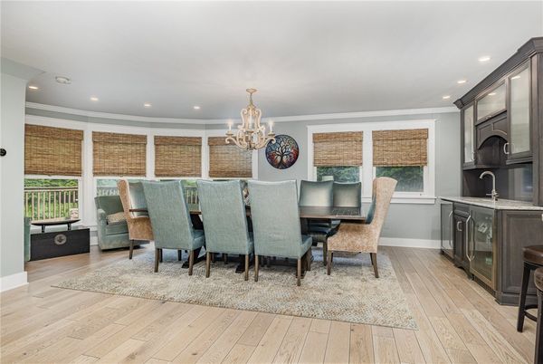 Chandelier, Dining room, Interior, Recessed Lighting, Wood Texture Flooring