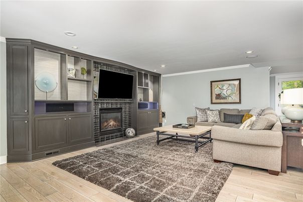 Fireplace, Interior, Living room, Recessed Lighting, Wood Texture Flooring