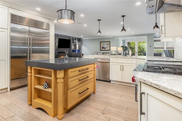 Fireplace, Interior, Kitchen, Pendant Lights, Recessed Lighting, Stainless Steel Appliances, Wood Texture Flooring