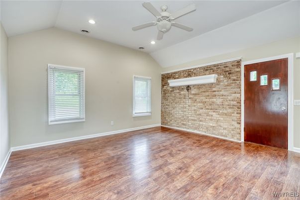 Empty room, Interior, Recessed Lighting, Stone Walls, Wood Texture Flooring