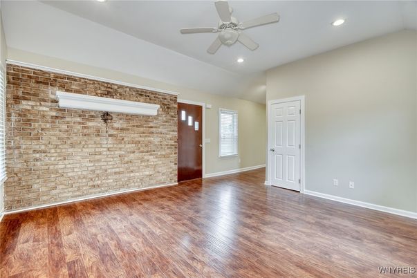Empty room, Interior, Recessed Lighting, Stone Walls, Wood Texture Flooring