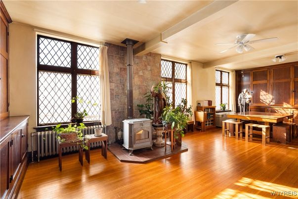 Dining room, Fireplace, Interior, Stone Walls, Wood Texture Flooring