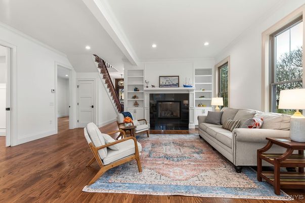 Fireplace, Interior, Living room, Recessed Lighting, Wood Texture Flooring