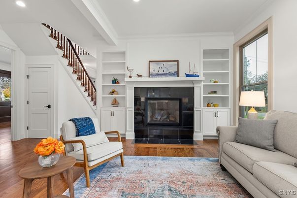 Fireplace, Interior, Living room, Recessed Lighting, Wood Texture Flooring