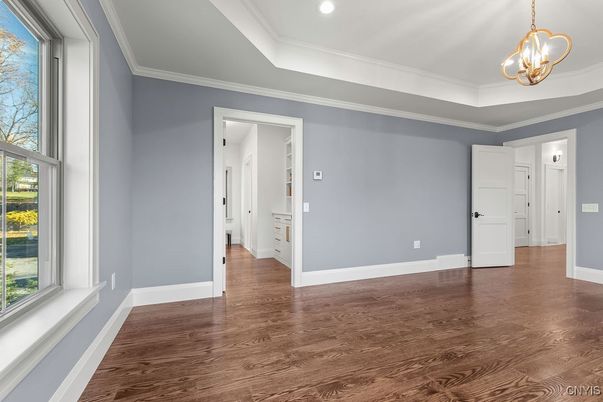Empty room, Interior, Pendant Lights, Recessed Lighting, Wood Texture Flooring