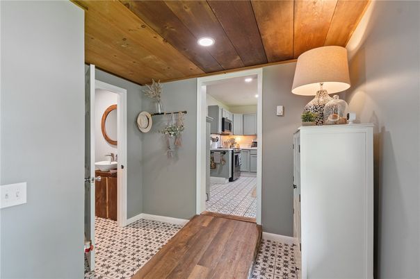 Interior, Kitchen, Recessed Lighting, Wooden Ceilings, Wood Texture Flooring