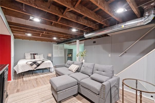 Bedroom, Interior, Recessed Lighting, Wooden Beams, Wood Texture Flooring